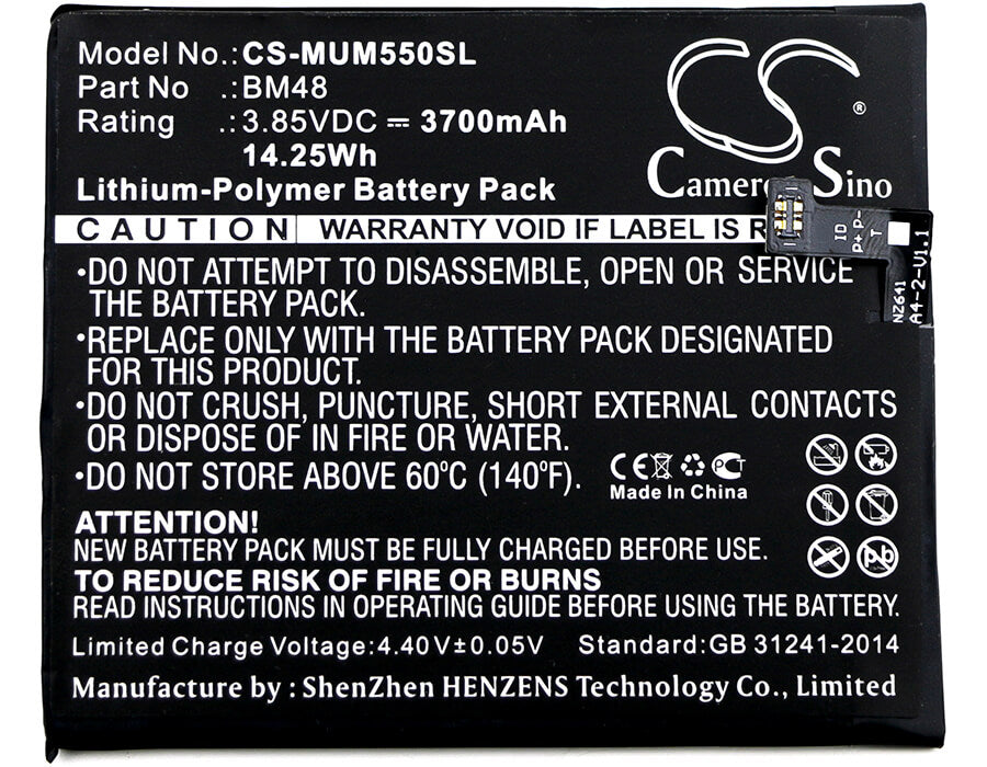 3.85V, 3700mAh, Li-Polymer Battery fits Xiaomi, 2015211, Note 2 Standard, 14.245Wh