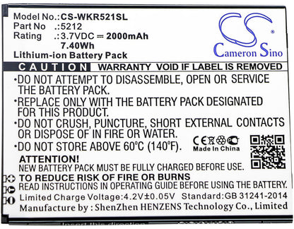 3.7V, 2000mAh, Li-ion Battery fits Wiko, Robby, 7.4Wh