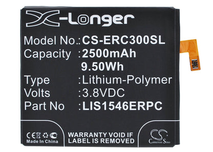 3.8V, 2500mAh, Li-Polymer Battery fits Sony Ericsson, D2502, D2533, 9.5Wh
