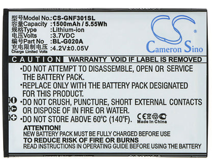 3.7V, 1500mAh, Li-ion Battery fits Gionee, F301, 5.55Wh