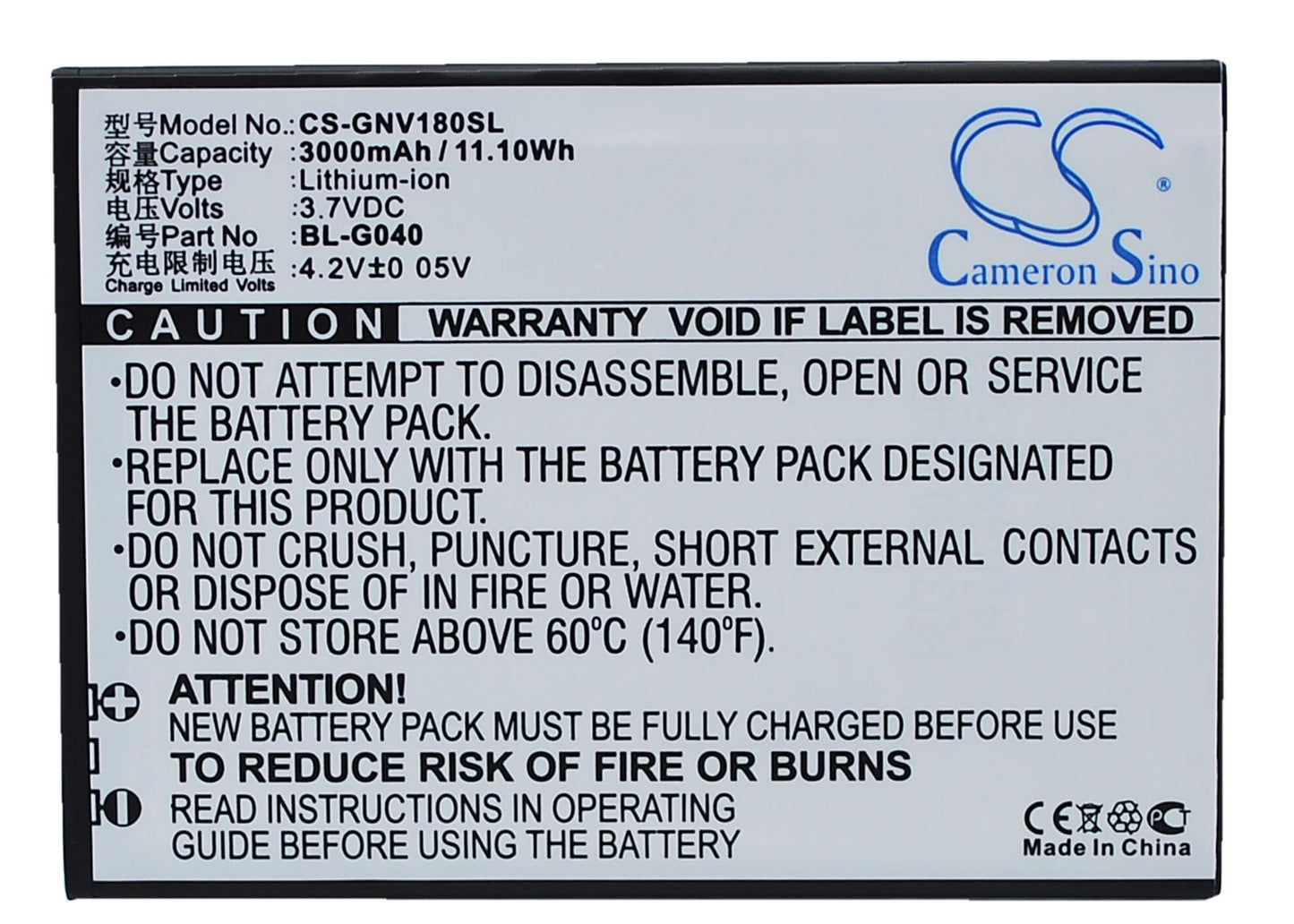 3.7V, 3000mAh, Li-ion Battery fits Gionee, V182, 11.1Wh