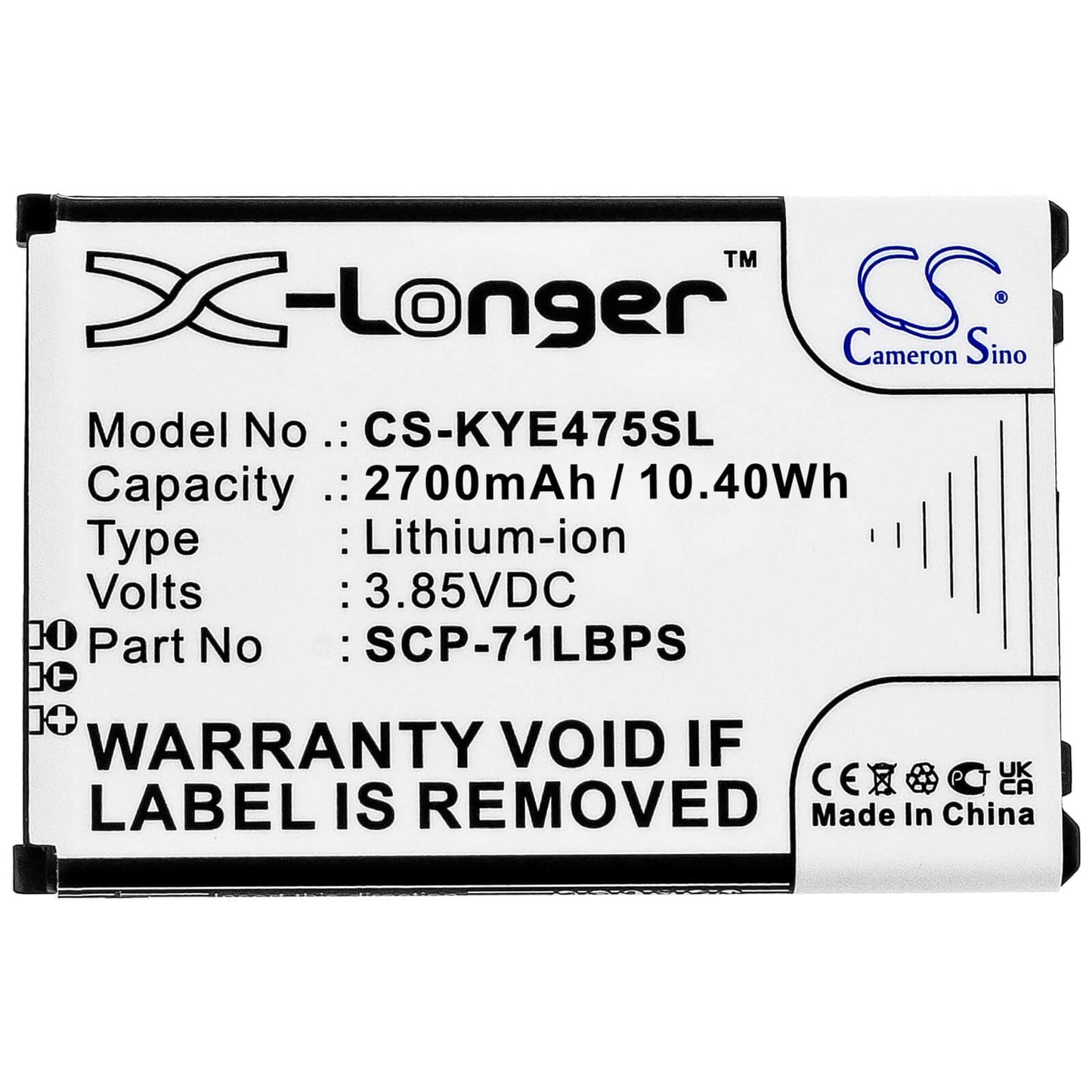 3.85V, 2700mAh, Li-ion Battery fits Kyocera, Duratr, E4750, 10.395Wh