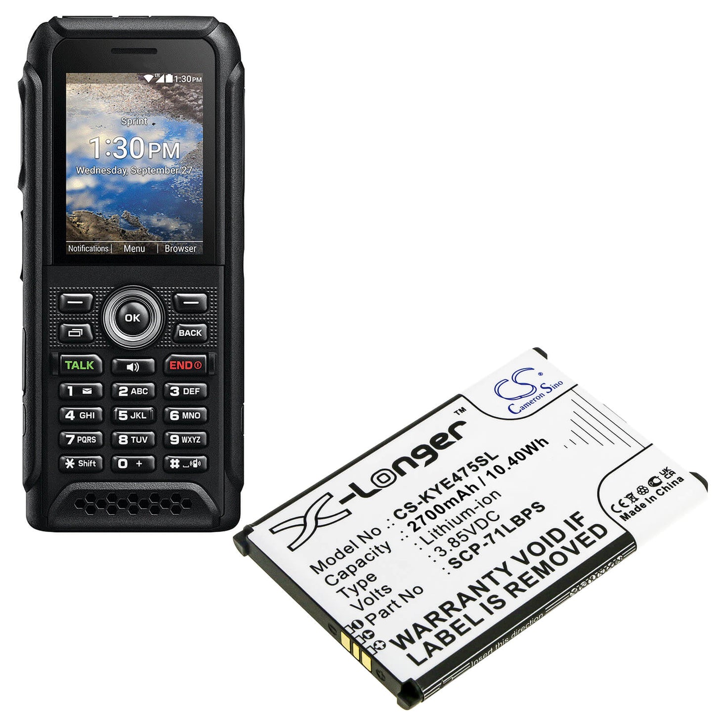 3.85V, 2700mAh, Li-ion Battery fits Kyocera, Duratr, E4750, 10.395Wh