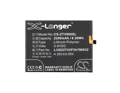3.8V, 2200mAh, Li-Polymer Battery fits Zte, Blade D6, Blade V6, 8.36Wh