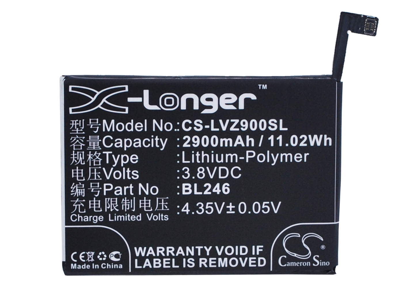 3.8V, 2900mAh, Li-Polymer Battery fits Lenovo, Vibe Max Z90, Vibe Max Z90-3, 11.02Wh