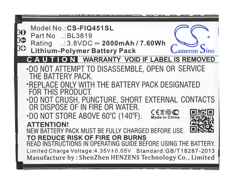 3.8V, 2000mAh, Li-Polymer Battery fits Fly, Iq4514, Iq4514 Quad Evo Tech 4, 7.6Wh