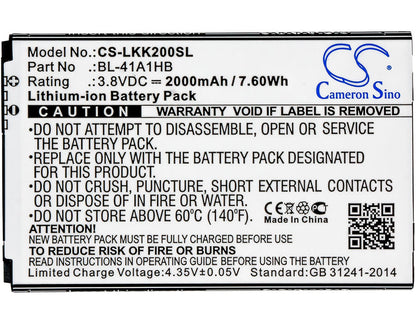 3.8V, 2000mAh, Li-ion Battery fits Lg, K200, K200ds, 7.6Wh