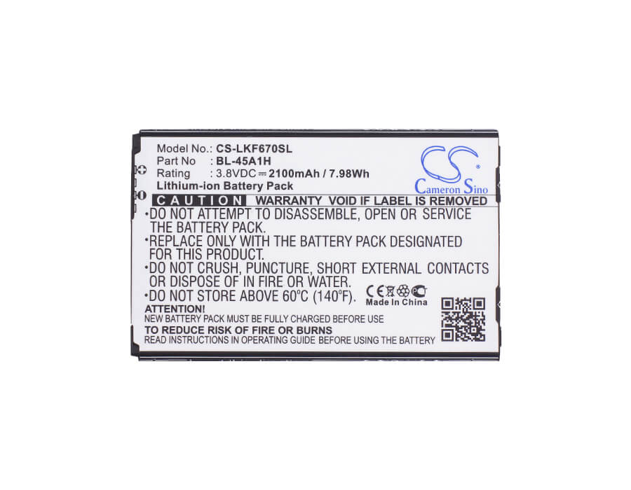 3.8V, 2100mAh, Li-ion Battery fits Lg, F670, F670k, 7.98Wh