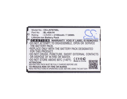 3.8V, 2100mAh, Li-ion Battery fits Lg, F670, F670k, 7.98Wh