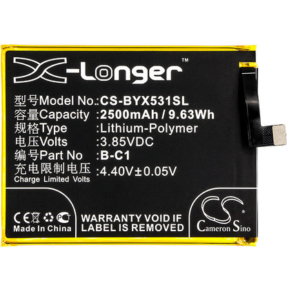 3.85V, 2500mAh, Li-Polymer Battery fits Bbk, Vivo Y53, Vivo Y53 Dual Sim, 9.625Wh