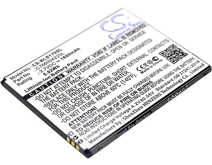 3.7V, 1600mAh, Li-ion Battery fits Blu, S170, Studio G Hd, 5.92Wh