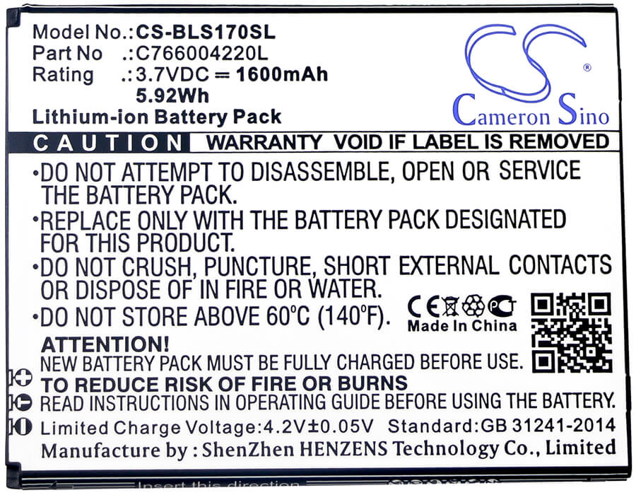 3.7V, 1600mAh, Li-ion Battery fits Blu, S170, Studio G Hd, 5.92Wh