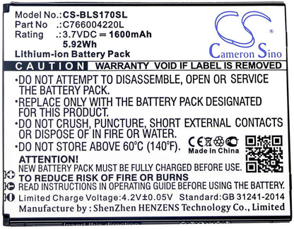 3.7V, 1600mAh, Li-ion Battery fits Blu, S170, Studio G Hd, 5.92Wh