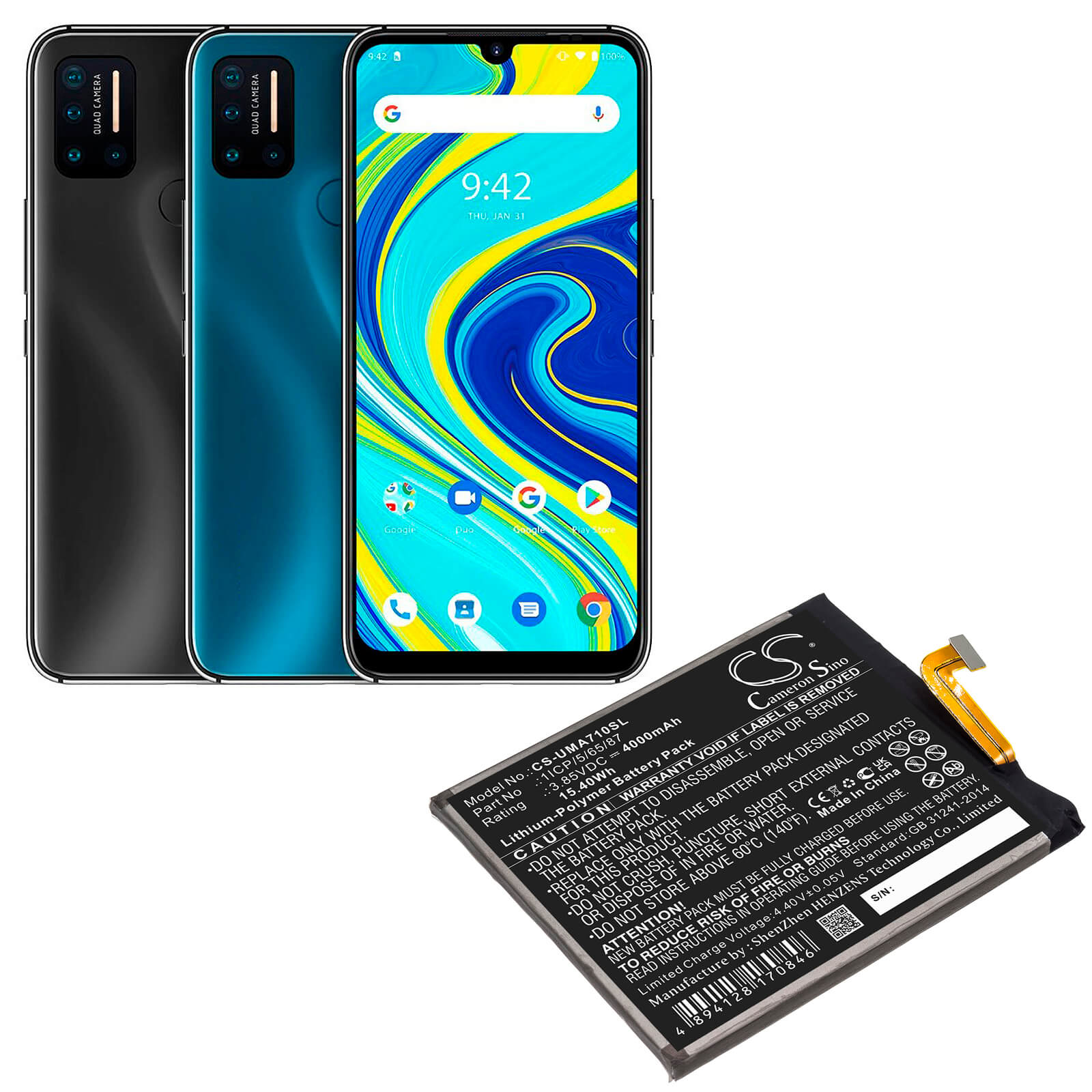 3.85V, 4000mAh, Li-Polymer Battery fits Umi, Umidigi A7 Pro, 15.4Wh