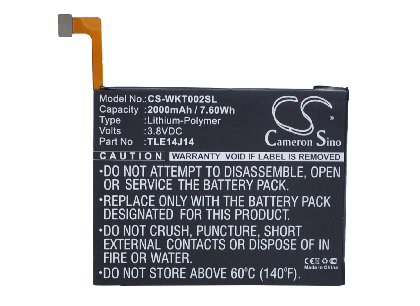 3.8V, 2000mAh, Li-Polymer Battery fits Wiko, Getaway, 7.6Wh