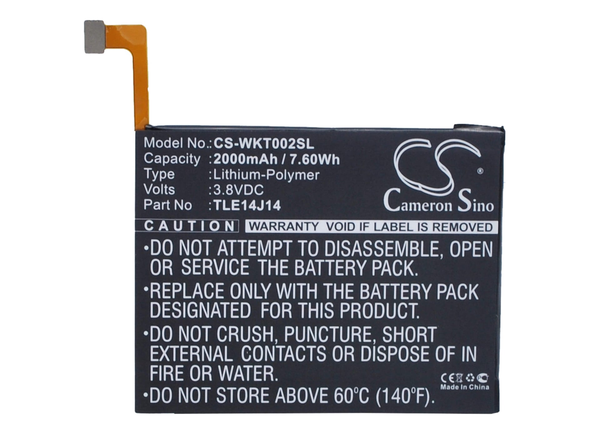 3.8V, 2000mAh, Li-Polymer Battery fits Wiko, Getaway, 7.6Wh