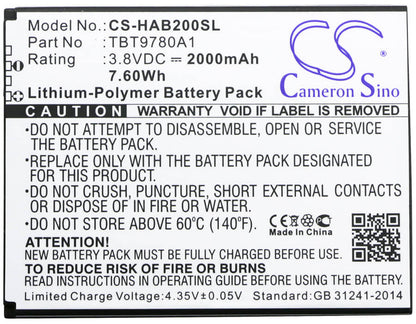 3.8V, 2000mAh, Li-Polymer Battery fits K-touch, Nibiru H1, Nibiru H1c, 7.6Wh