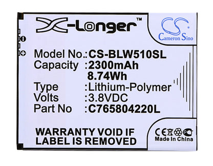3.8V, 2300mAh, Li-Polymer Battery fits Blu, L280, L280a, 8.74Wh