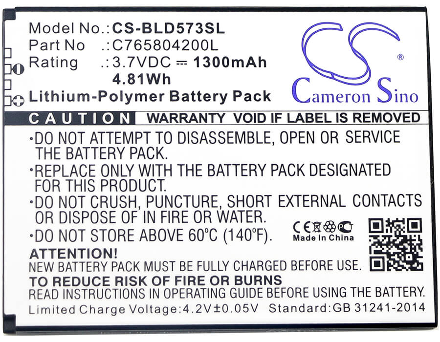 3.7V, 1300mAh, Li-Polymer Battery fits Blu, D572, Studio 5.0s Ii, 4.81Wh