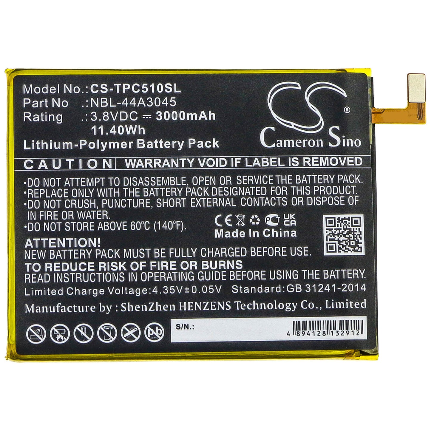 3.8V, 3000mAh, Li-Polymer Battery fits Neffos, C5 Max, C5 Max Lte Dual Sim, 11.4Wh