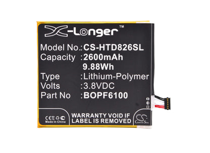 3.8V, 2600mAh, Li-Polymer Battery fits Htc, A51, D820, 9.88Wh