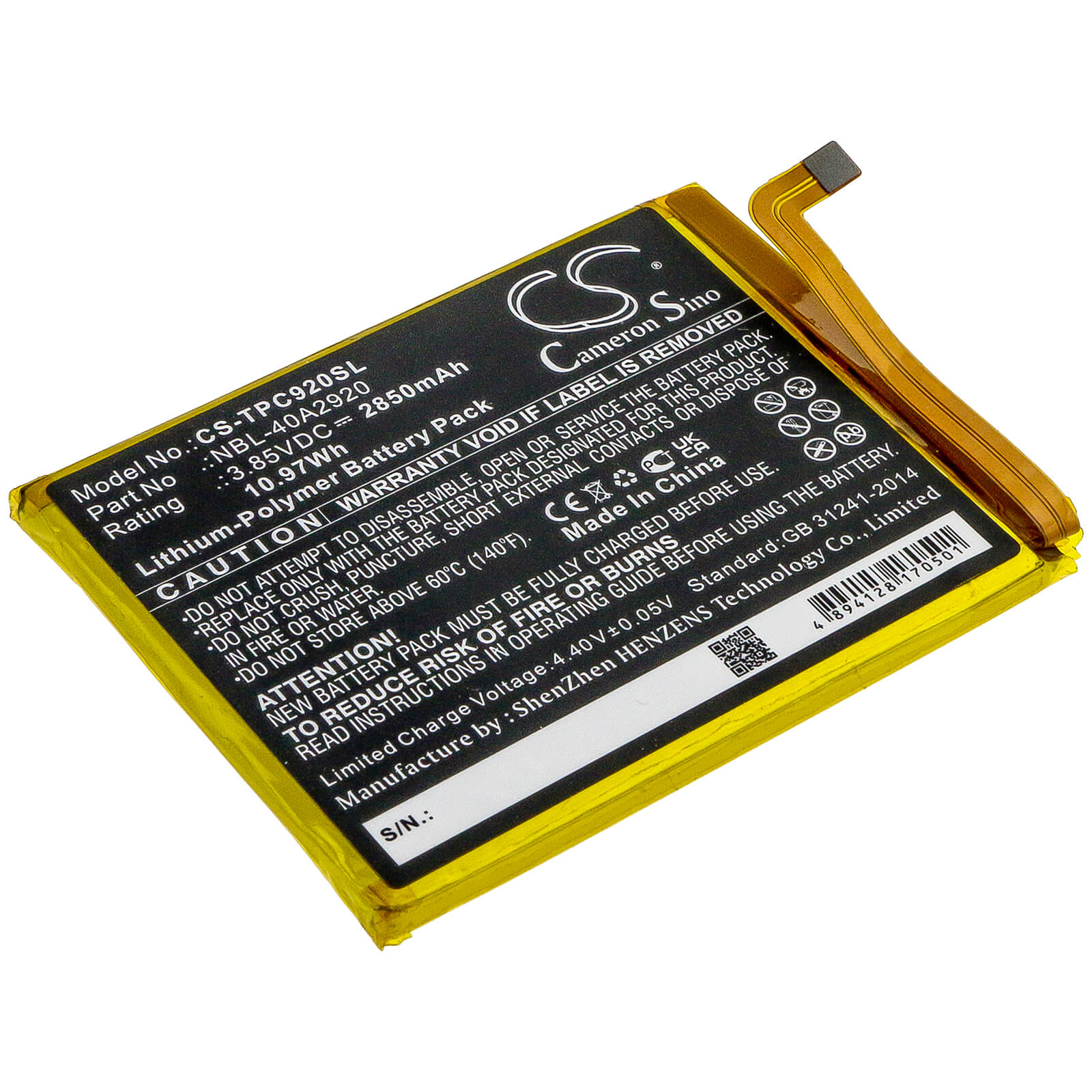 3.85V, 2850mAh, Li-Polymer Battery fits Neffos, C9a, Tp706a, 10.9725Wh