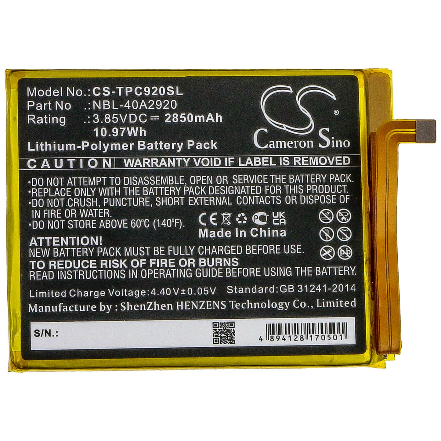 3.85V, 2850mAh, Li-Polymer Battery fits Tp-link, Neffos C9a, Tp706a, 10.9725Wh