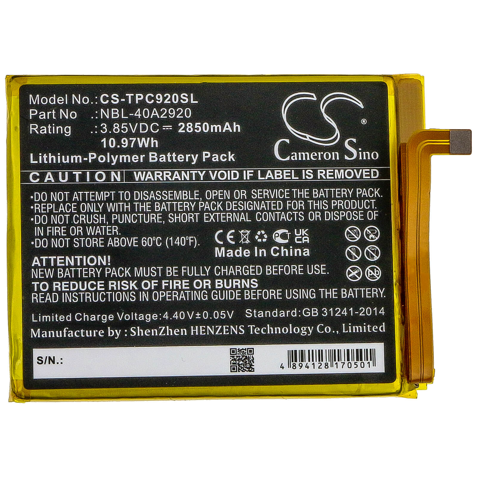 3.85V, 2850mAh, Li-Polymer Battery fits Tp-link, Neffos C9a, Tp706a, 10.9725Wh