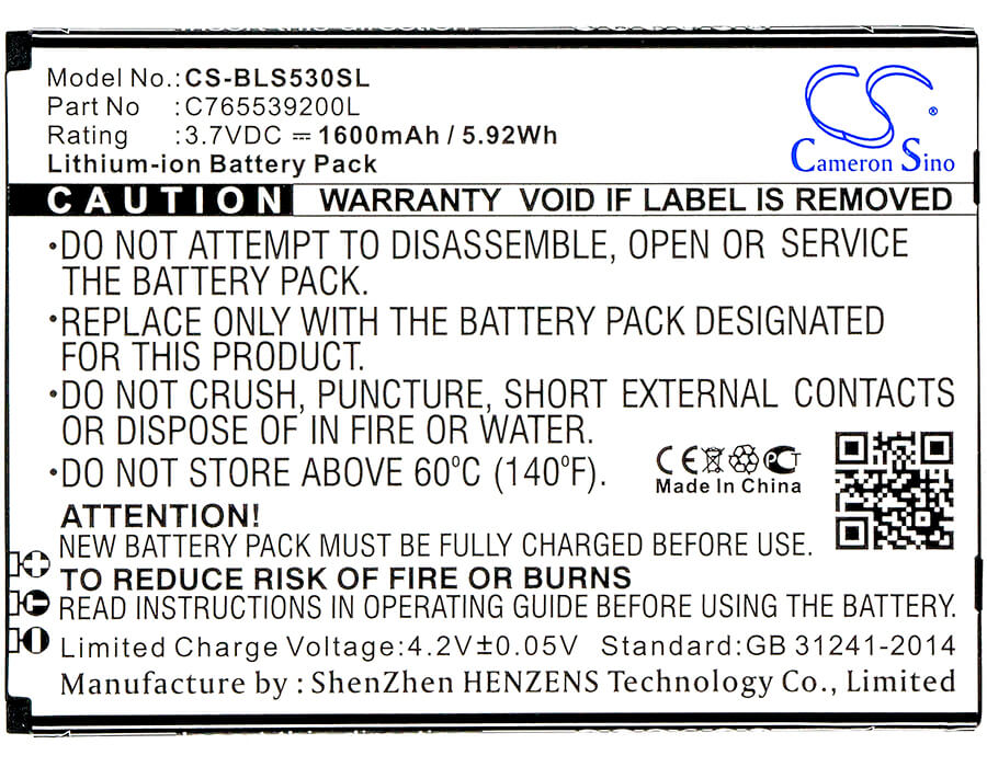 3.7V, 1600mAh, Li-ion Battery fits Blu, S530, S550q, 5.92Wh