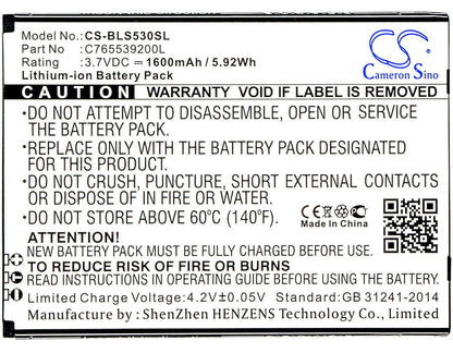 3.7V, 1600mAh, Li-ion Battery fits Blu, S530, S550q, 5.92Wh