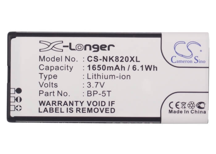 3.7V, 1650mAh, Li-ion Battery fits Nokia, Arrow, Lumia 820, 6.105Wh