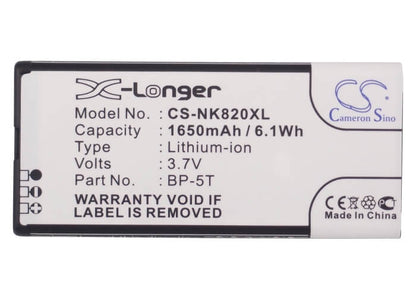 3.7V, 1650mAh, Li-ion Battery fits Nokia, Arrow, Lumia 820, 6.105Wh