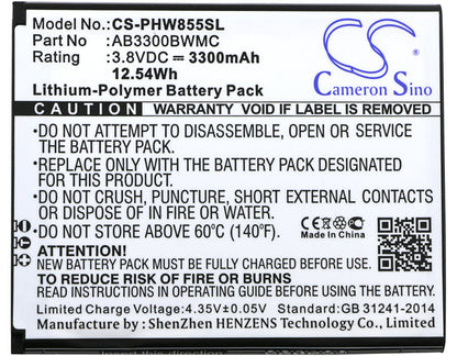3.8V, 3300mAh, Li-Polymer Battery fits Philips, W8555, W8560, 12.54Wh