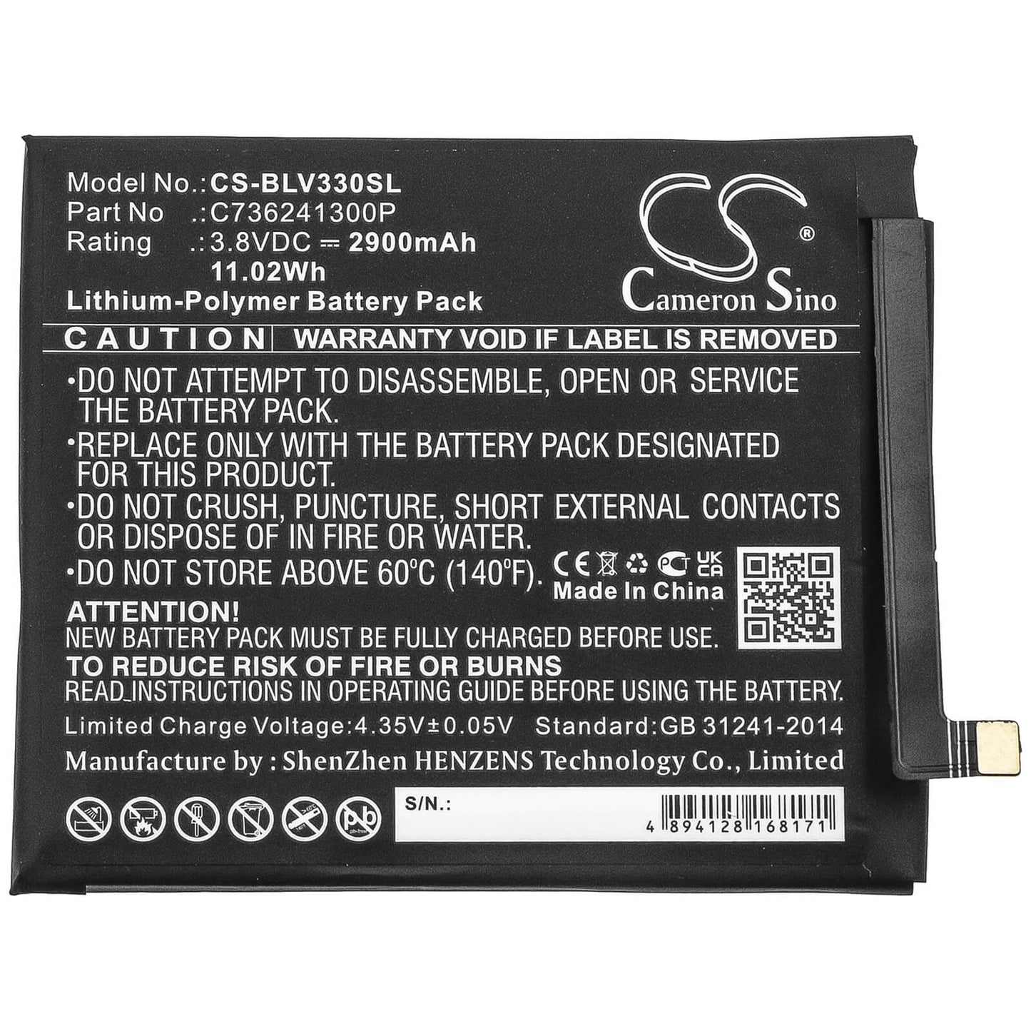 3.8V, 2900mAh, Li-Polymer Battery fits Blu, V0330ww, Vivo Xi, 11.02Wh