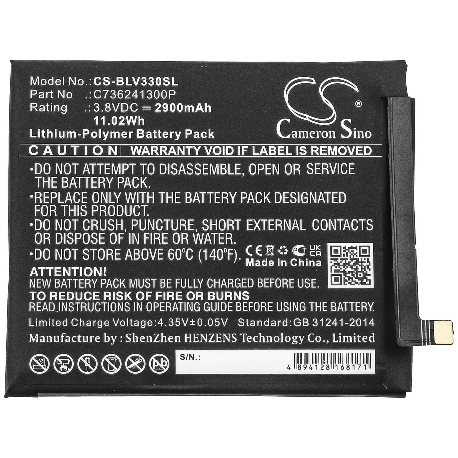 3.8V, 2900mAh, Li-Polymer Battery fits Blu, V0330ww, Vivo Xi, 11.02Wh