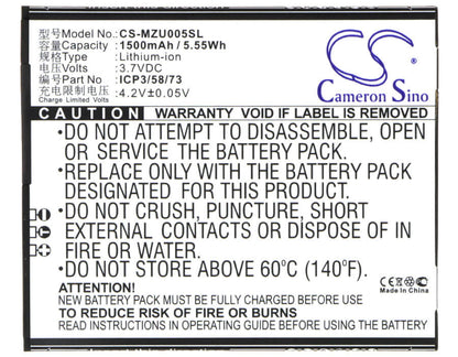 3.7V, 1500mAh, Li-ion Battery fits Navon, Mizu Mzt005, 5.55Wh
