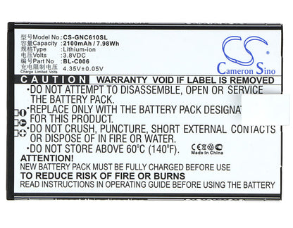 3.8V, 2100mAh, Li-ion Battery fits Gionee, C610, 7.98Wh