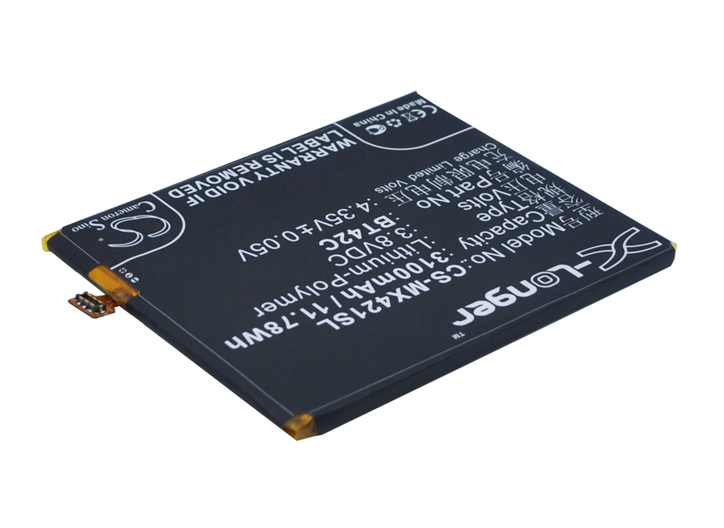3.8V, 3100mAh, Li-Polymer Battery fits Meizu, Note 2, 11.78Wh