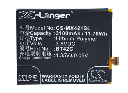3.8V, 3100mAh, Li-Polymer Battery fits Meizu, Note 2, 11.78Wh
