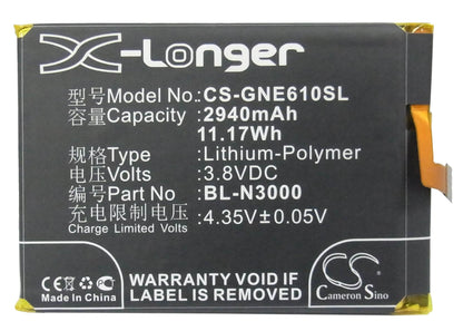 3.8V, 2940mAh, Li-Polymer Battery fits Gionee, E6 Mini, 11.172Wh