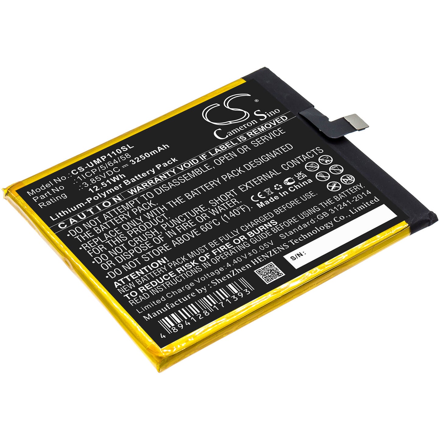 3.85V, 3250mAh, Li-ion Battery fits Umi, Umidigi One Pro, 12.5125Wh