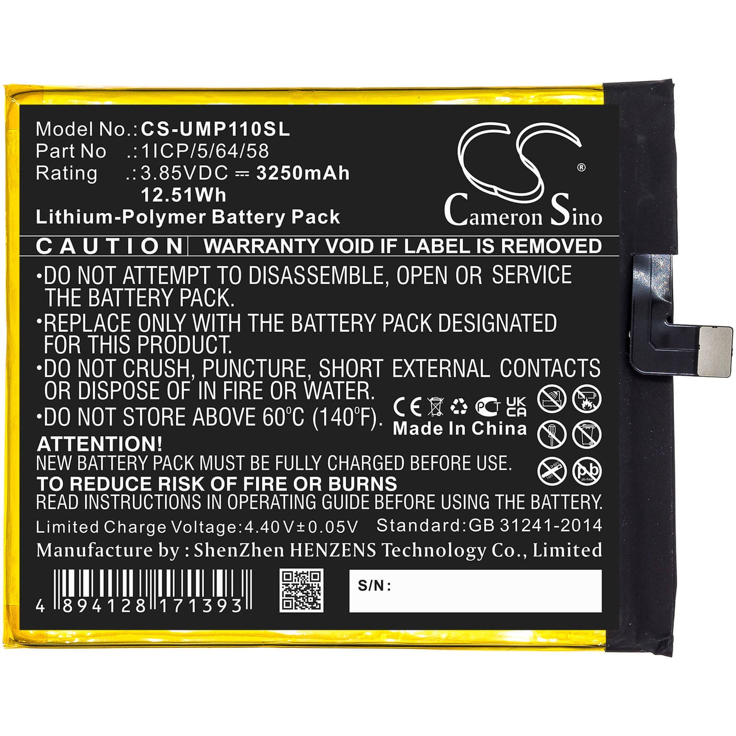 3.85V, 3250mAh, Li-ion Battery fits Umi, Umidigi One Pro, 12.5125Wh