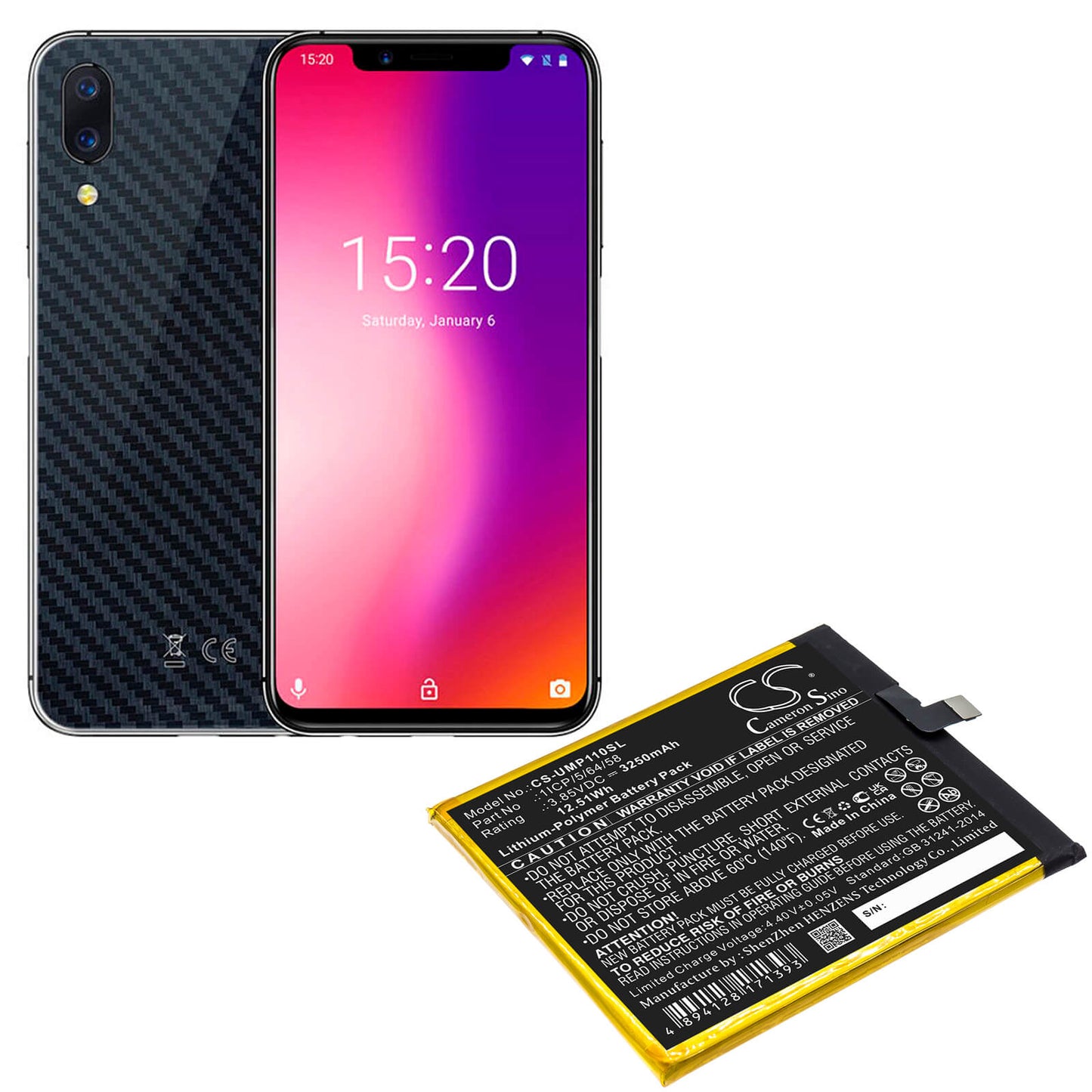 3.85V, 3250mAh, Li-ion Battery fits Umi, Umidigi One Pro, 12.5125Wh