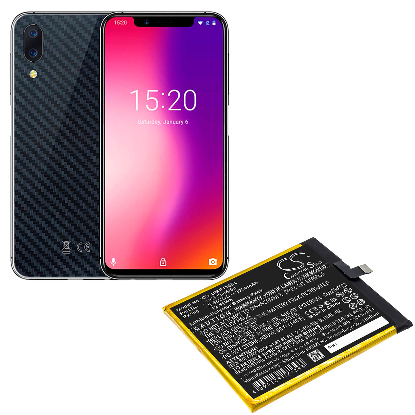3.85V, 3250mAh, Li-ion Battery fits Umi, Umidigi One Pro, 12.5125Wh