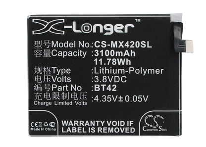3.8V, 3100mAh, Li-Polymer Battery fits Meizu, M1, Note, 11.78Wh