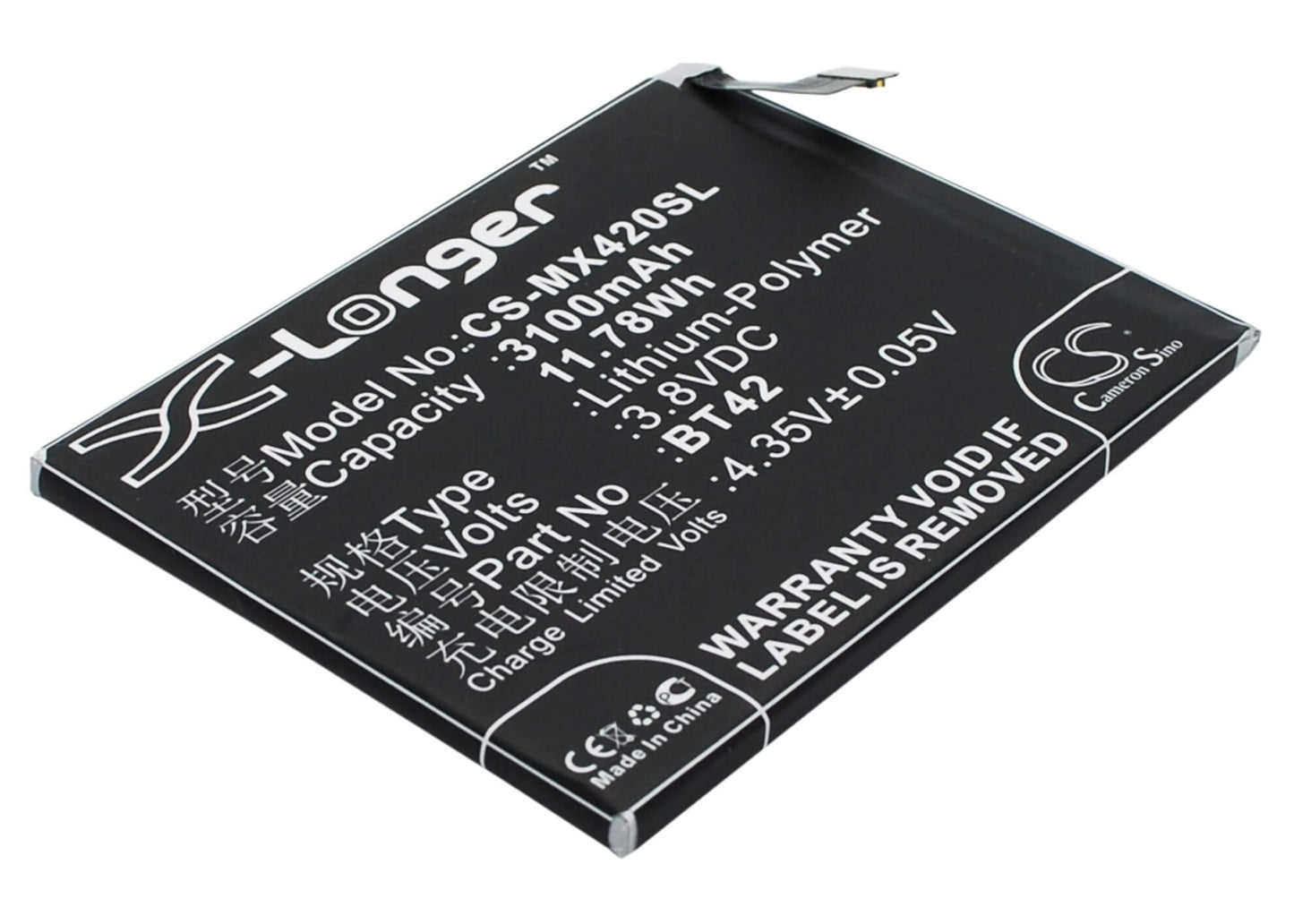 3.8V, 3100mAh, Li-Polymer Battery fits Meizu, M1, Note, 11.78Wh