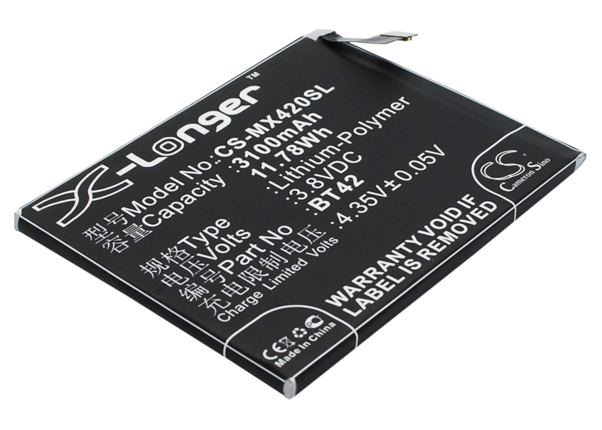 3.8V, 3100mAh, Li-Polymer Battery fits Meizu, M1, Note, 11.78Wh