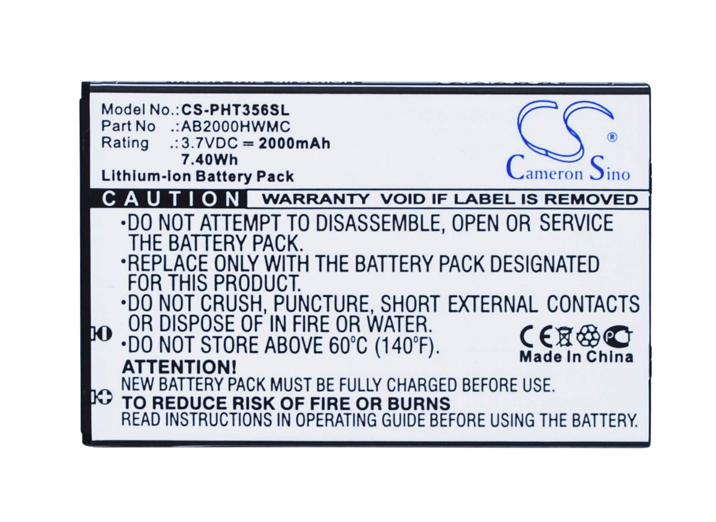 3.7V, 2000mAh, Li-ion Battery fits Philips, Ctw3568, W3568, 7.4Wh