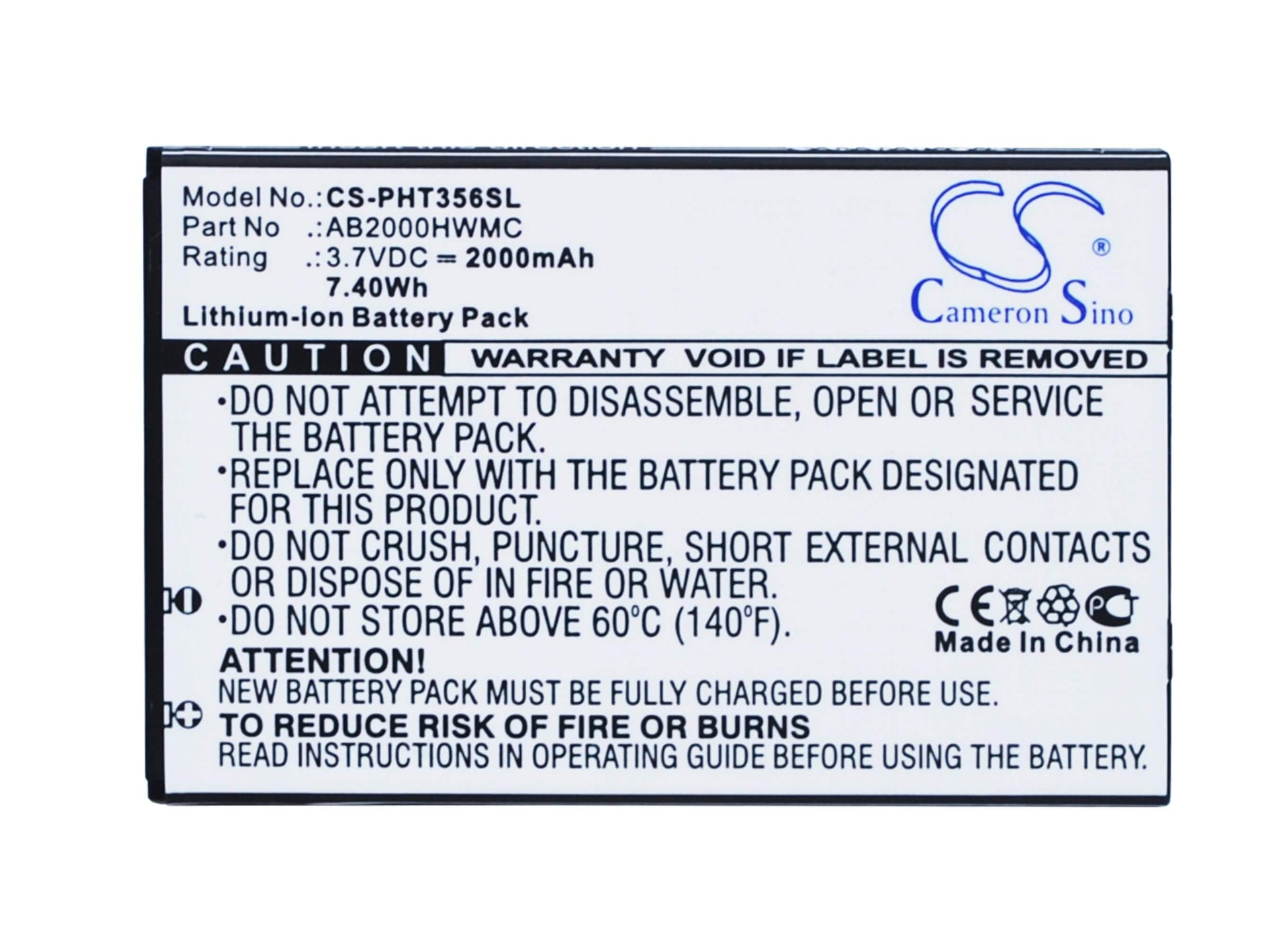 3.7V, 2000mAh, Li-ion Battery fits Philips, Ctw3568, W3568, 7.4Wh