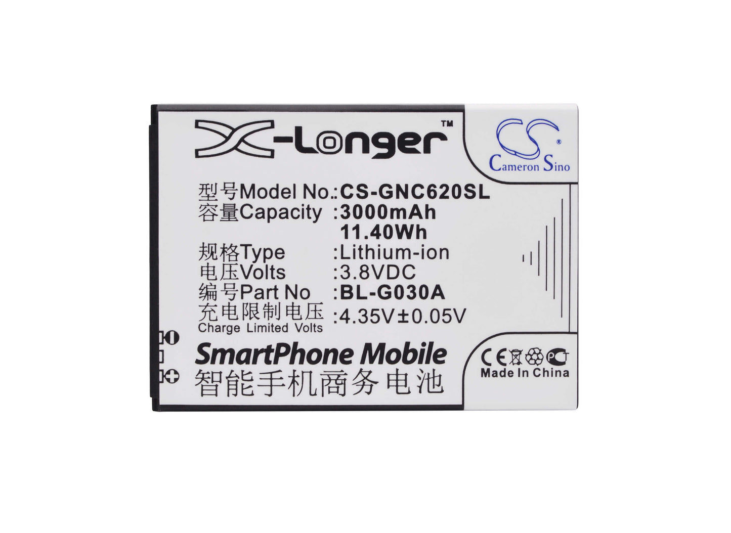 3.8V, 3000mAh, Li-ion Battery fits Gionee, C620, C620s, 11.4Wh
